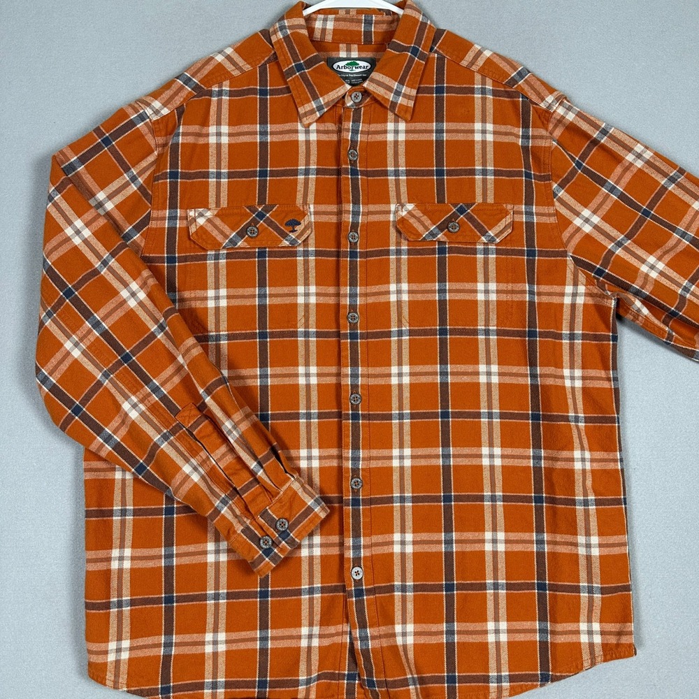 Arborwear Flannel Shirt Mens XL Orange Plaid Button Up Flap Pockets Logo EUC